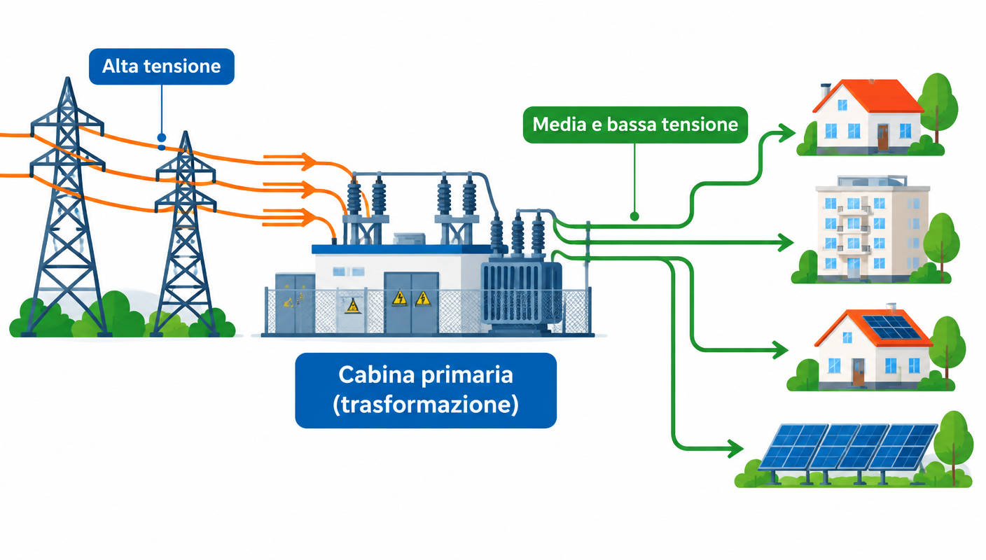 Schema di una cabina primaria: le linee ad alta tensione in ingresso vengono trasformate in media e bassa tensione e distribuite a case, edifici e impianti fotovoltaici