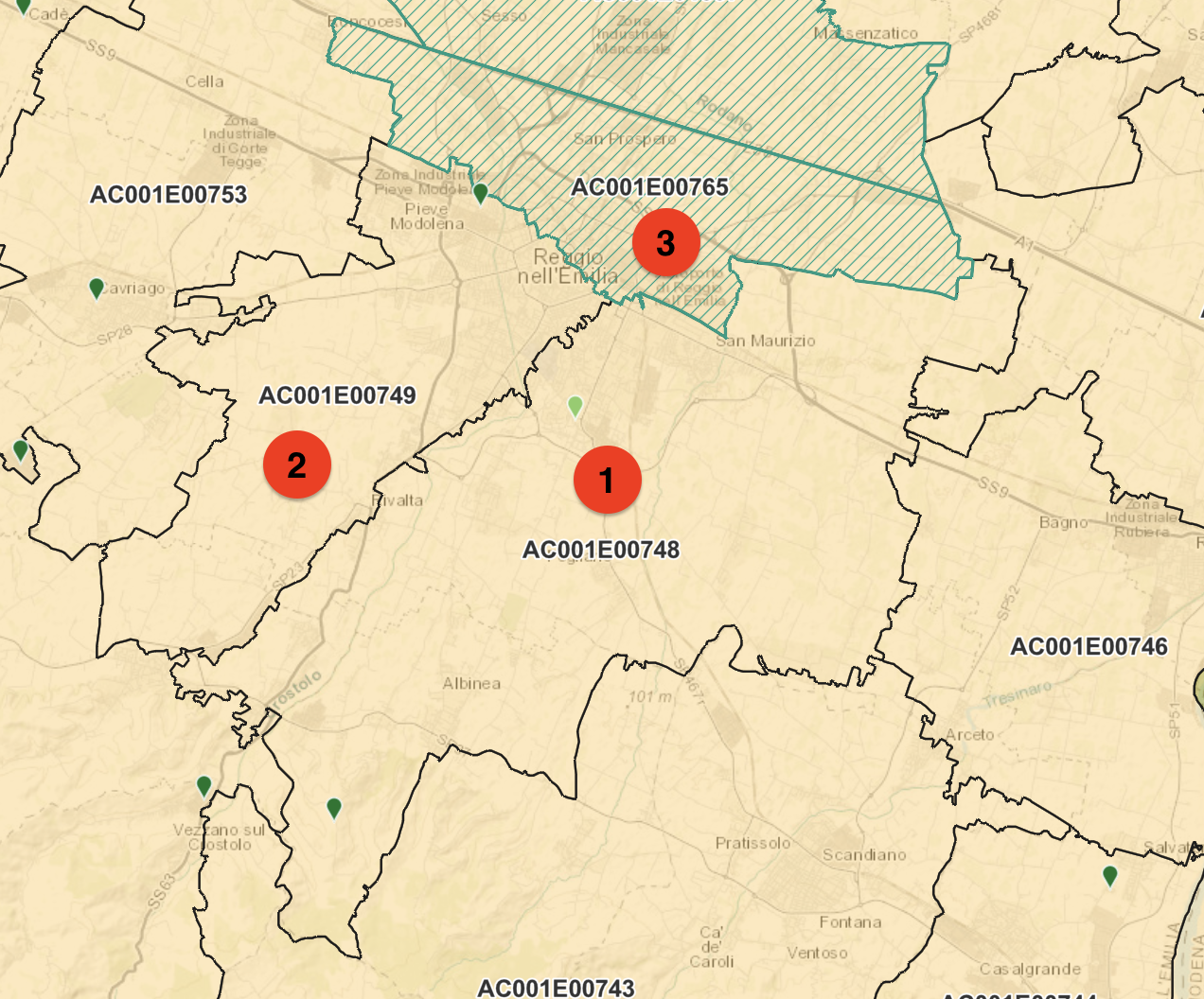 Mappa delle aree di riferimento di CERITAS nel comune di Reggio Emilia